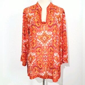 Tory Burch Silk Blend Tunic Top Orange Red Ikat Print Sequin Detail Size 12 Boho